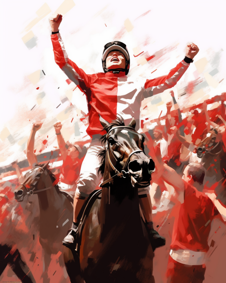 AI-generated image of a jockey celebrating a win on a horse